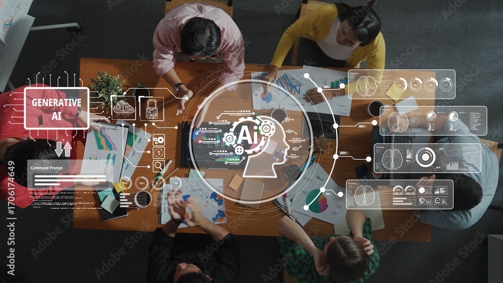 Poster a diverse team engaged in a collaborative meeting discussing generative ai technology, showcasing in