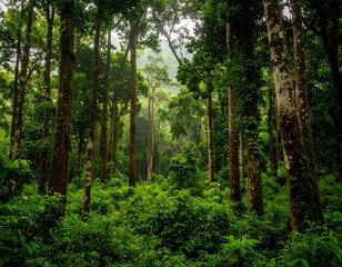 Obraz premium Lush green forest, sunlight filtering through tall trees, dense undergrowth