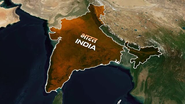 Satellite view of india with borders and country name labeled