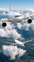 Fototapeta premium Airplane glides effortlessly through a vast expanse of blue sky, leaving a trail above fluffy clouds, capturing the essence of flight