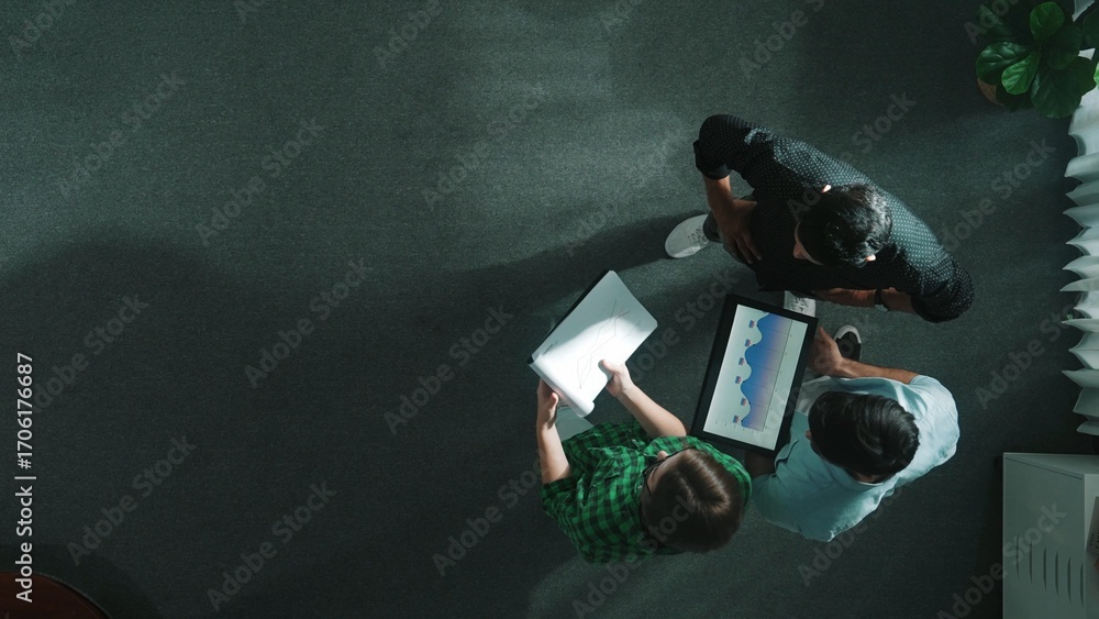 Poster top down view of businessman thinking about marketing plan or making decision to invest in startup p