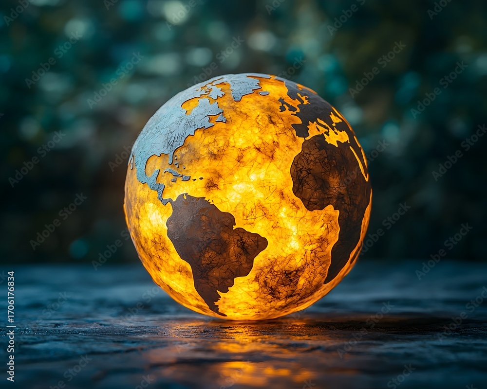 Aufkleber a glowing textured model of the earth illuminated from within rests on a dark reflective surface aga