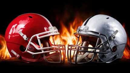Fototapeta premium Two football helmets, one red and one silver, face each other against a dynamic background of flames, symbolizing fierce competition and excitement for game day.