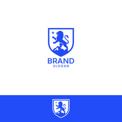 Blue Lion Shield Logo with Mountain and Star with two backgrounds. 