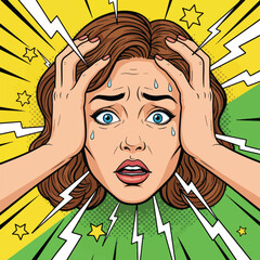 A woman is stressed out with her hands on her head in a pop art style