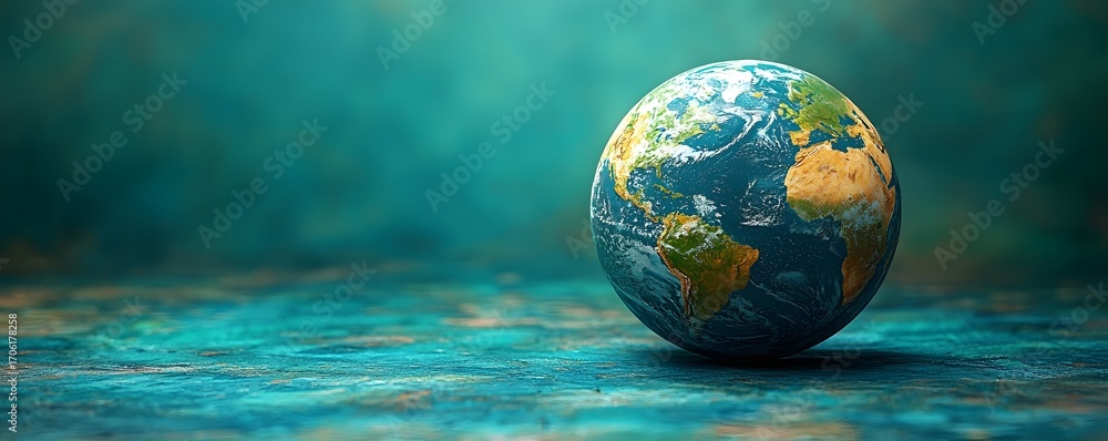 Poster a detailed rendering of planet earth with its continents and oceans set against a blurred textured t