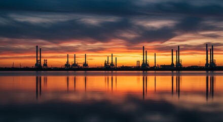 Fototapeta premium A stunning industrial landscape with the silhouette of a factory reflected in tranquil water during a vibrant sunset