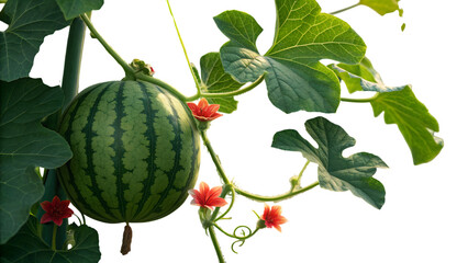 Watermelon growing on the vine with flowers