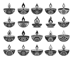 Intricate Mandala Diwali Diya Silhouette in Black and White, Vectors Icon Set Template for Greeting Card, Banner, Flyer etc