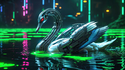 Majestic robotic swan with glowing red eyes gracefully swimming in a futuristic lake illuminated by vibrant neon lights, creating a mesmerizing blend of nature and technology
