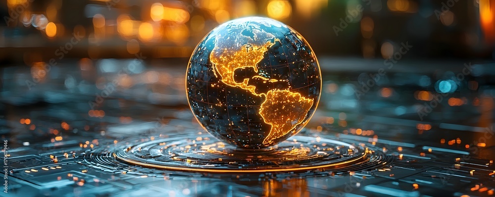Poster a glowing digital globe of earth illuminated with bright lights on a futuristic technological platfo