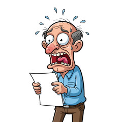 Cartoon man looking at a document with a scared expression isolated on white background