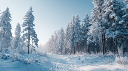 Obraz premium A snowy pathway extends into a peaceful forest, lined with tall, frost-covered trees. The sunlight bathes the scene in a soft glow, enhancing the winter serenity.