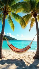 A tranquil scene of a hammock gently swaying between two palm trees, bathed in warm sunlight Perfect for relaxation and escape Ideal for travel, vacation, and wellness themes , vacation, blue, ocean