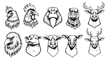 Collection of detailed black and white line art animal head portraits.