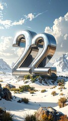 Digital rendering of 22 on a snowy mountain landscape