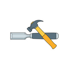 A hammer and chisel crossed over a white background, symbolizing craftsmanship and tools