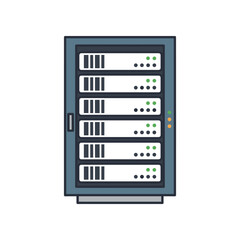 A modern server rack showcasing multiple servers with status indicators in a tech environment