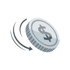 A stylized illustration of a dollar coin spinning, symbolizing financial transactions and investment