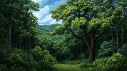 Obraz premium Lush Green Forest Landscape Under Partly Cloudy Sky