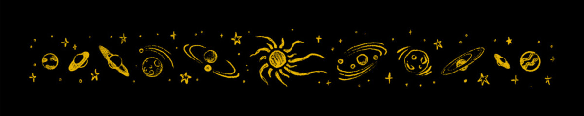 Hand drawn night sky crayon golden poster. Sun, moon crescent, shooting star, solar system planets on black background. Childish chalk scribble drawings of the school blackboard. Universe bling, glint © Kseniia