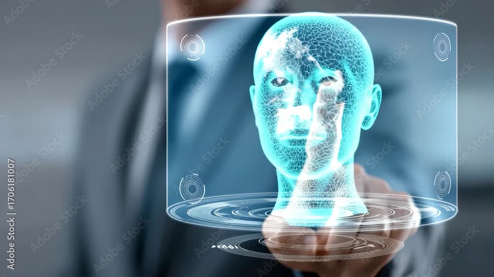 Poster businessman interacts with virtual intelligence interface in a modern office environment, showcasing