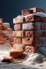 brick wall under construction, with a few bricks and mortar on the ground