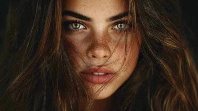 A young woman poses with a serene expression, her freckled face framed by flowing hair. Soft light highlights her vibrant green eyes, creating an atmospheric mood that captivates.