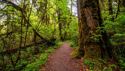 Obraz premium Lush, green forest trail winds through moss-covered trees