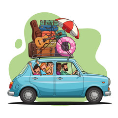 Family car trip with luggage on top isolated on white background