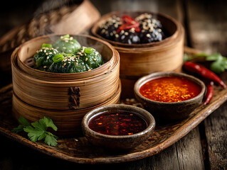 chinese dim sum selection in stacked bamboo steamer