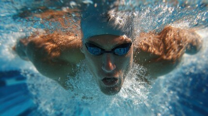 A male swimmer is executing the butterfly stroke underwater in an indoor competition pool. Splashes of water surround him as he moves swiftly toward the finish line.