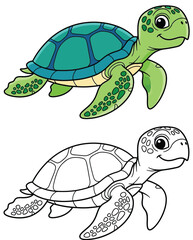 Cute Cartoon Sea Turtle with Blue and Green Shell - Color and Outline Versions