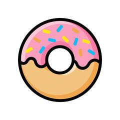 Colorful donut with pink icing and sprinkles, centered on a white background, ideal for dessert themes