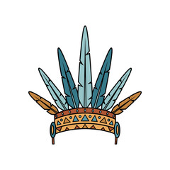 Colorful feathered headdress design featuring blue and brown tones with intricate patterns