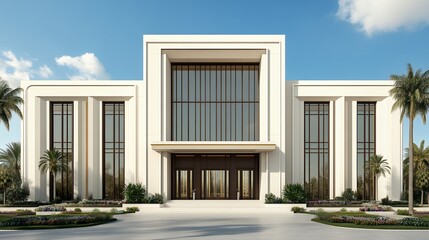 Fototapeta premium Modern White Architectural Marvel with Symmetrical Facade Under a Clear Blue Sky