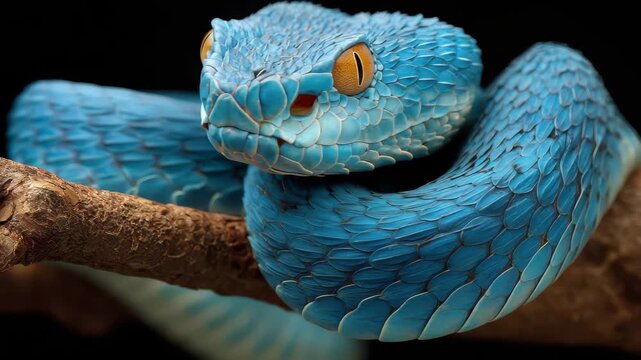 Closeup of a striking blue viper snake resting on a branch in a natural habitat with vibrant scales and focused gaze