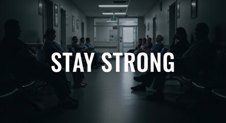 Hospital Waiting Room with People and "Stay Strong" Message, Dark and Moody