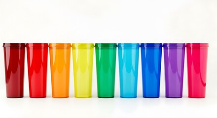 Row of colorful plastic tumblers with lids isolated on white background