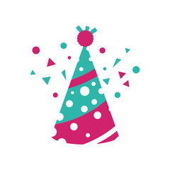 Colorful party hat with confetti, celebrating a festive occasion, perfect for invitations