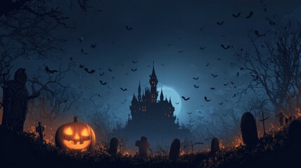 Dark, atmospheric Halloween night featuring a haunted castle in the background, a carved pumpkin glowing brightly, and bats flying against a full moon. Eerie gravestones create a chilling ambiance.