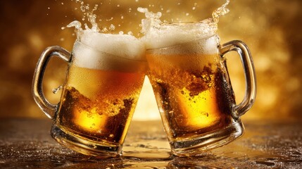 Two frosty glass mugs filled with golden beer are clinked together, creating a splash of bubbles. The warm golden background enhances the vibrant, festive mood of celebration and camaraderie.