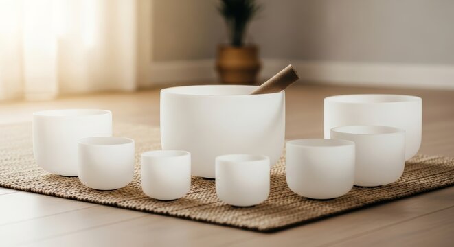 Collection of frosted crystal singing bowls and a mallet arranged on a natural fiber rug, creating a serene and meditative atmosphere