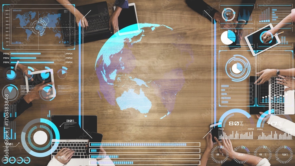 Poster high-tech global network connection interface showing worldwide digital communication, data exchange