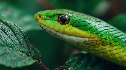 Obraz premium Close-up of green snake among vibrant tropical leaves