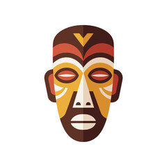 Colorful tribal mask illustration featuring distinct facial patterns and vibrant colors