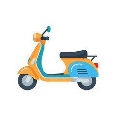 Obraz premium Colorful vintage scooter parked on a sunny street, surrounded by trees and urban scenery