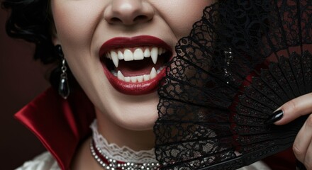 Closeup of vampire woman smiling with sharp fangs