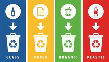 A colorful infographic visually guides proper recycling bin placement by type (glass, paper, organic, plastic).