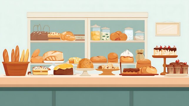 Artisan Bakery Shop Counter Display Freshly Baked Breads Cakes Pastries Desserts